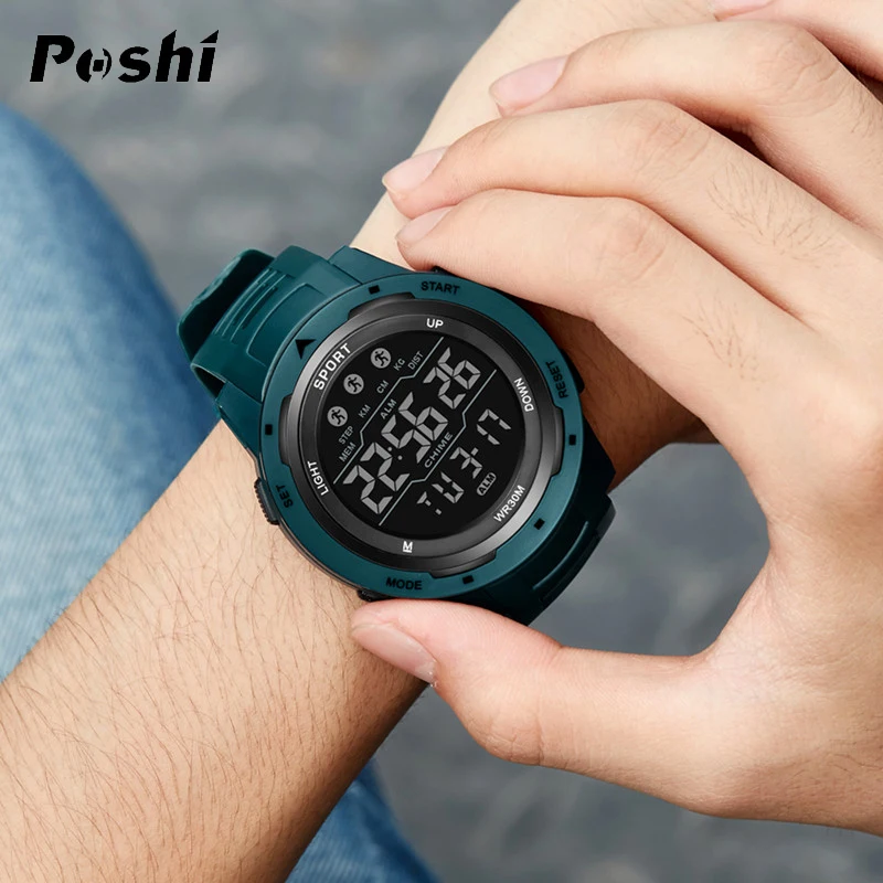 POSHI-Brand Digital Watch para homens, cronômetro, despertador, luz LED, esporte, relógios de pulso, eletrônico, moda ao ar livre