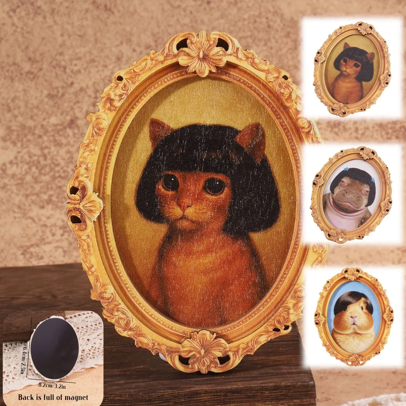 Imán de nevera de madera con diseño de gato con peluca divertida, hámster, marco de fotos ovalado tallado clásico estilo corte francés, regalo único