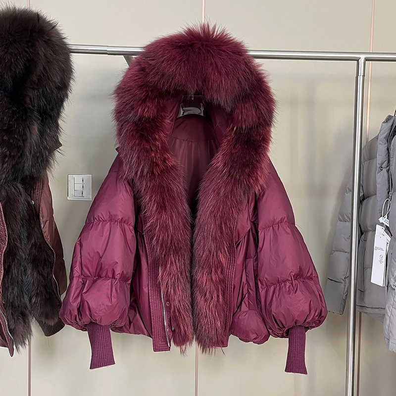 Hiver détachable naturel grand col de fourrure doudoune femme épaissir chaud lanterne manches veste femmes blanc canard vers le bas vêtements d'extérieur