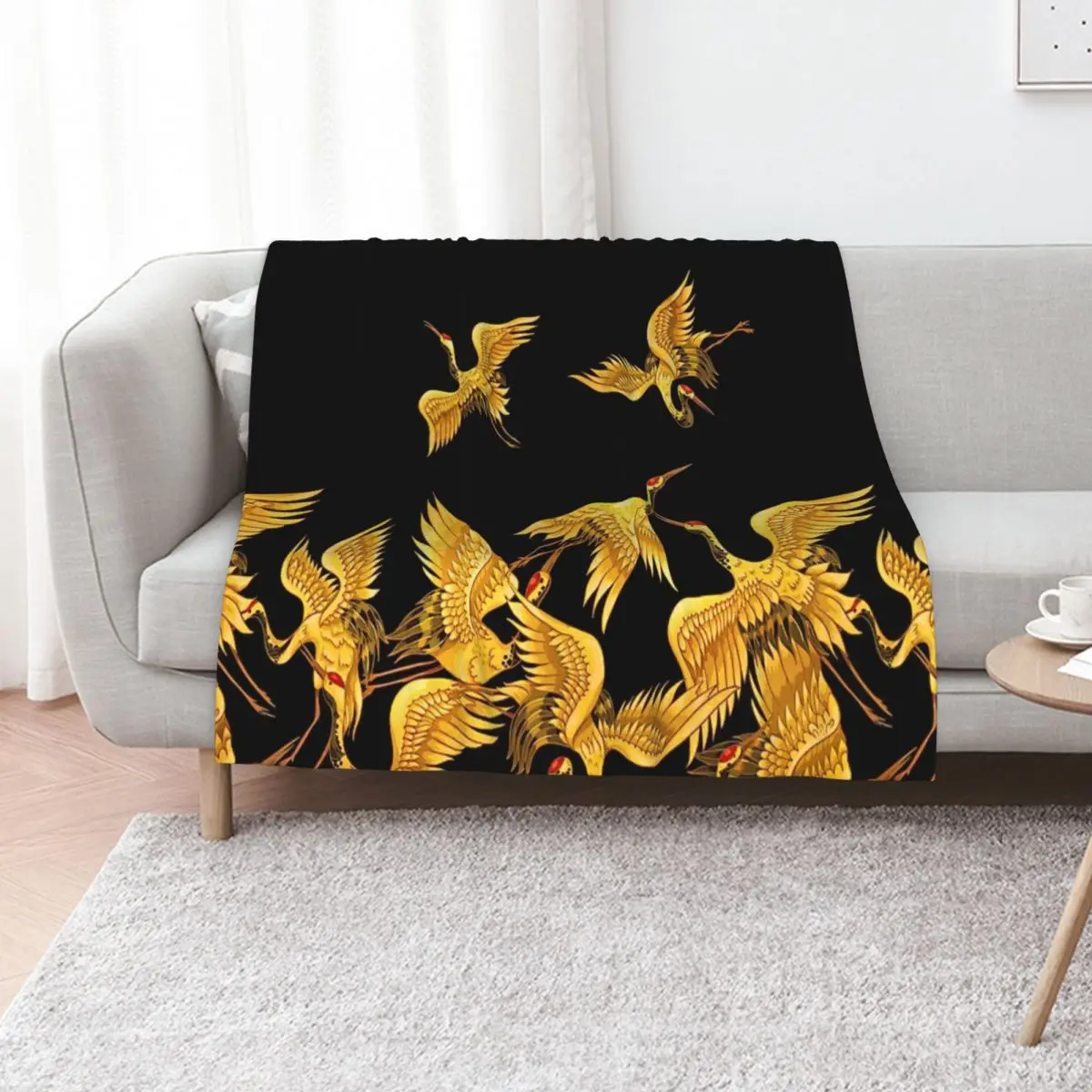 Golden Japanese Cranes Oriental Throw Blanket Decorative Sofa Thermals For Travel Soft Big Beach Luxury Thicken Blankets