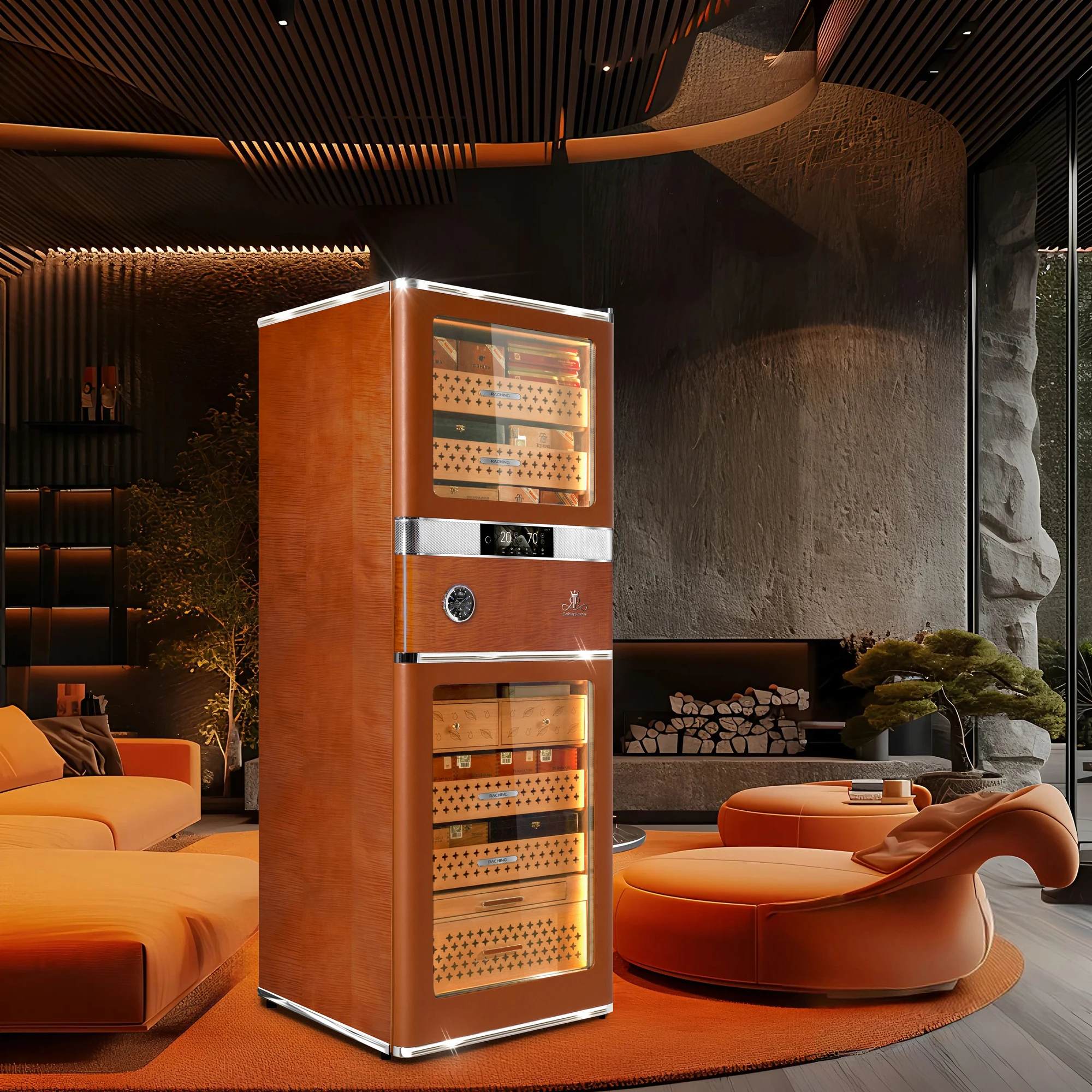 RR980 Brown Biggest Capacity Electronic Cigar Humidor With Cigar Resistance Detection Function