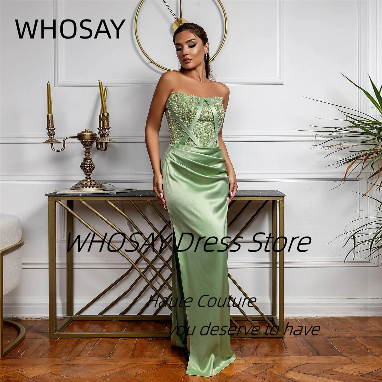 WHOSAY Handmade Beaded Sequins Top Evening Dresses Strapless Side Slit Long Prom Dress Sexy Back Robe Des Cocktail Party Gowns