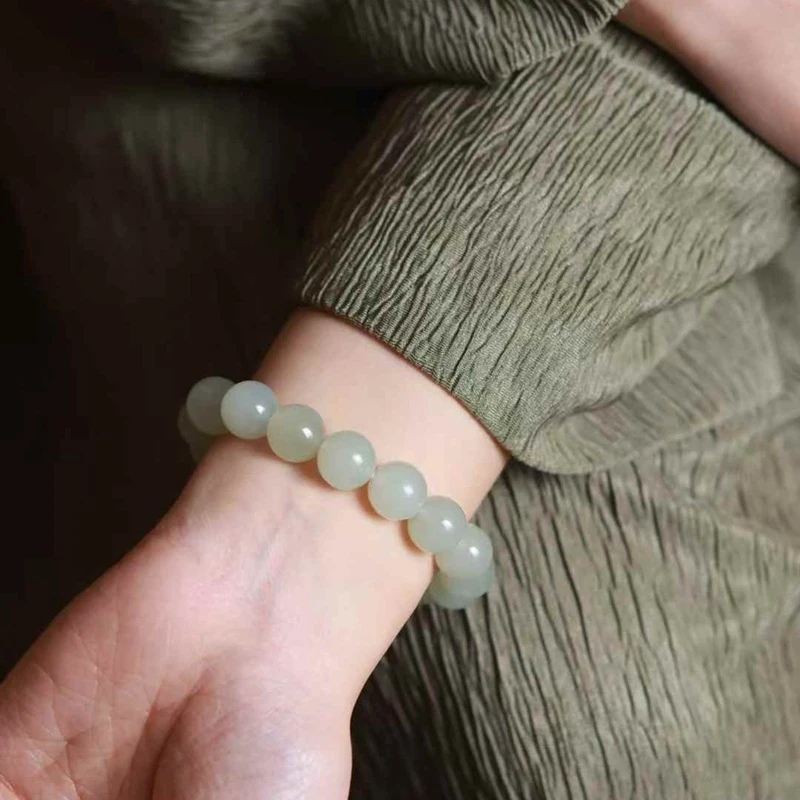 

Натуральный браслет унисекс из хотанского нефрита Цинхай, теплый белый, старый материал, круглые бусины, одинарная петля