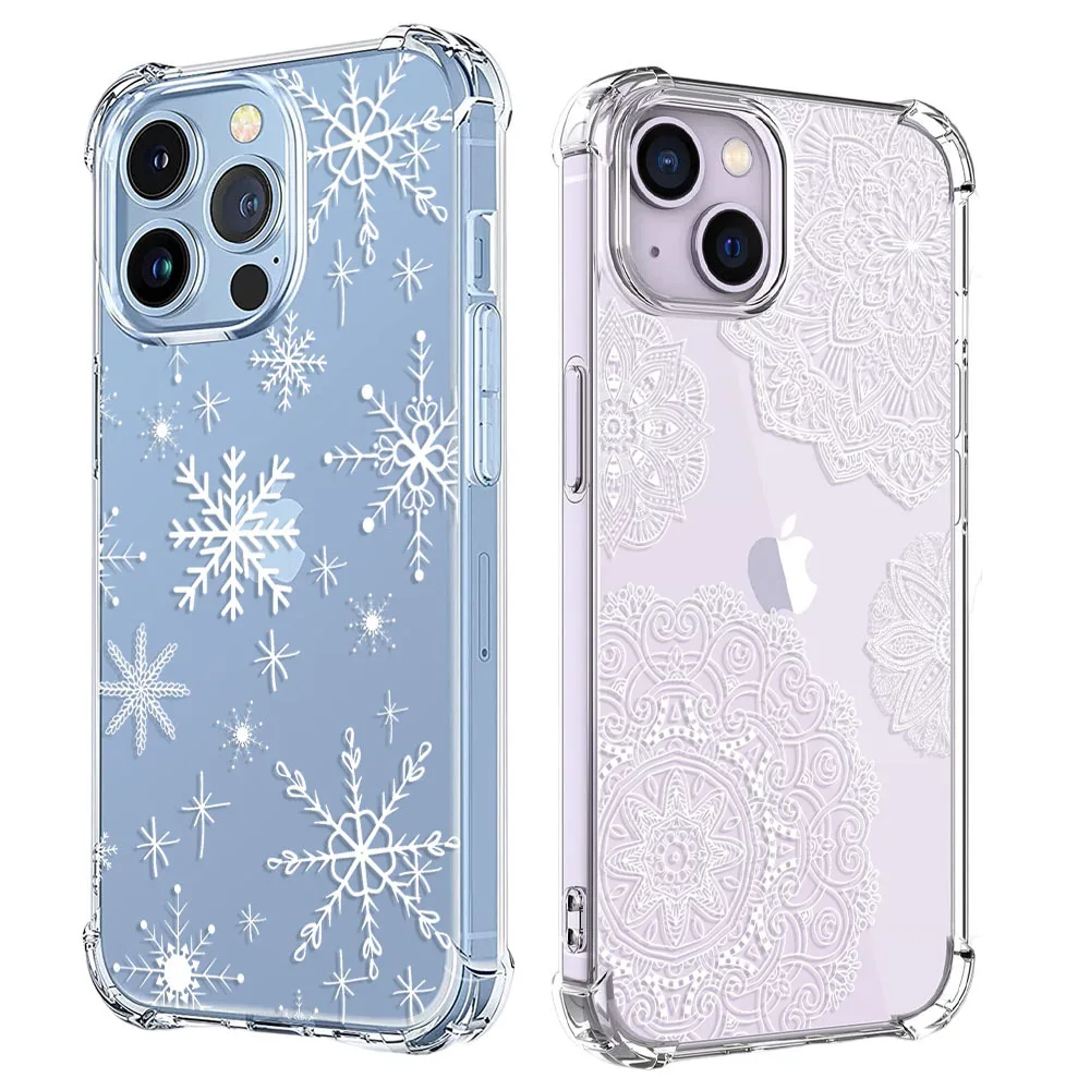 Shockproof Phone Case For iPhone 15 14 13 12 11 Pro X XS XR Max 7 8 Plus Mini White Snowflake Mandala Soft Clear TPU Back Cover