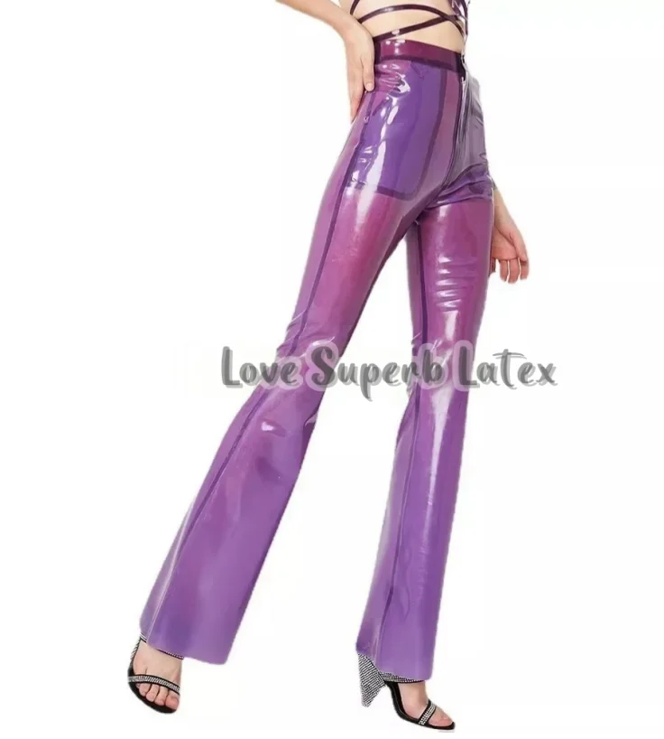 Pantalones vaqueros de látex para mujer, pantalones acampanados de látex sexys, pantalones de pierna ancha, pantalones de goma con bolsillo frontal y cremallera, mallas de látex para Halloween