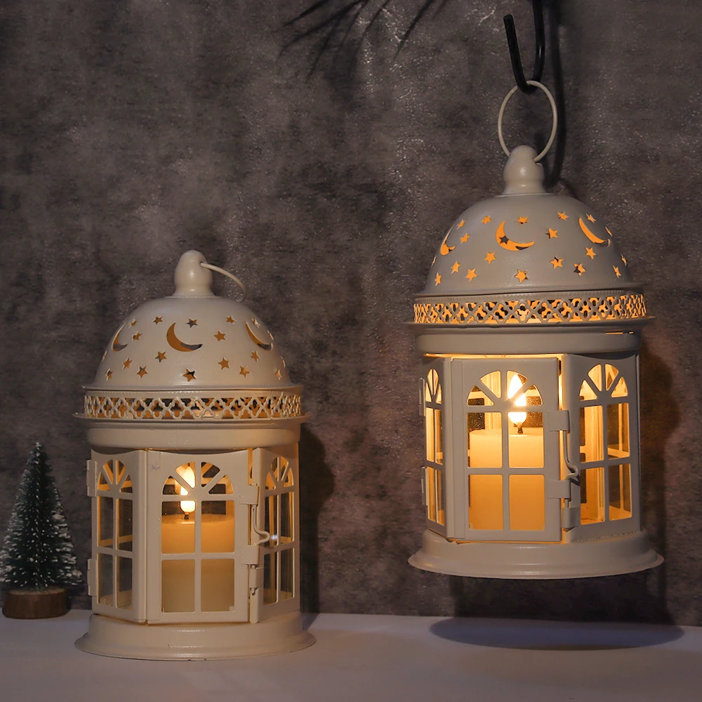 

White Vintage Style Hanging Lantern Hollow Moon Stars Pattern Metal Candle Holder Outdoor Trees Garden Decor