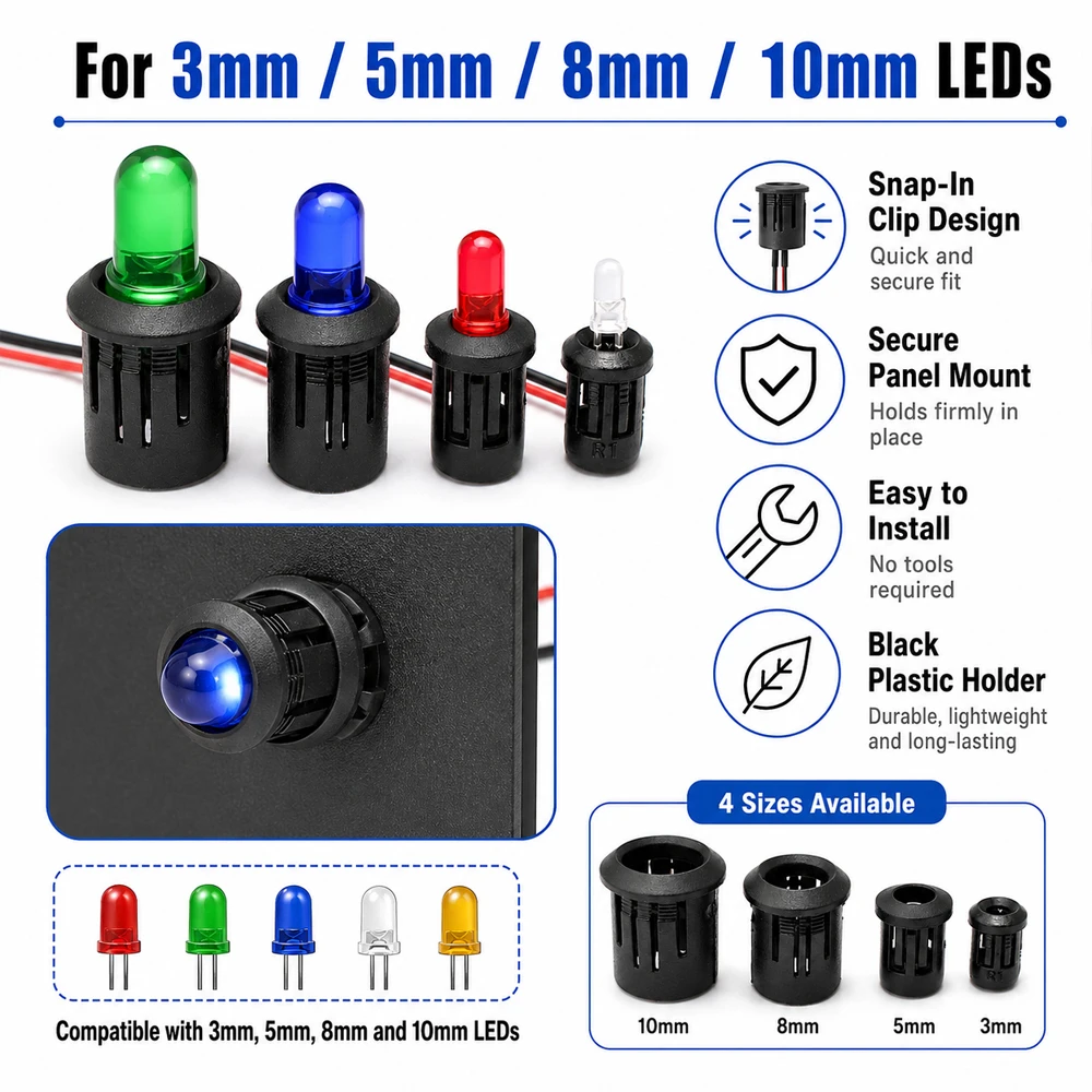 25-200pcs Black LED Bezel Holder Plastic, 3-10mm Diode Socket Clip for Lamp Base, DIY Circuit Panel Mount Accessories