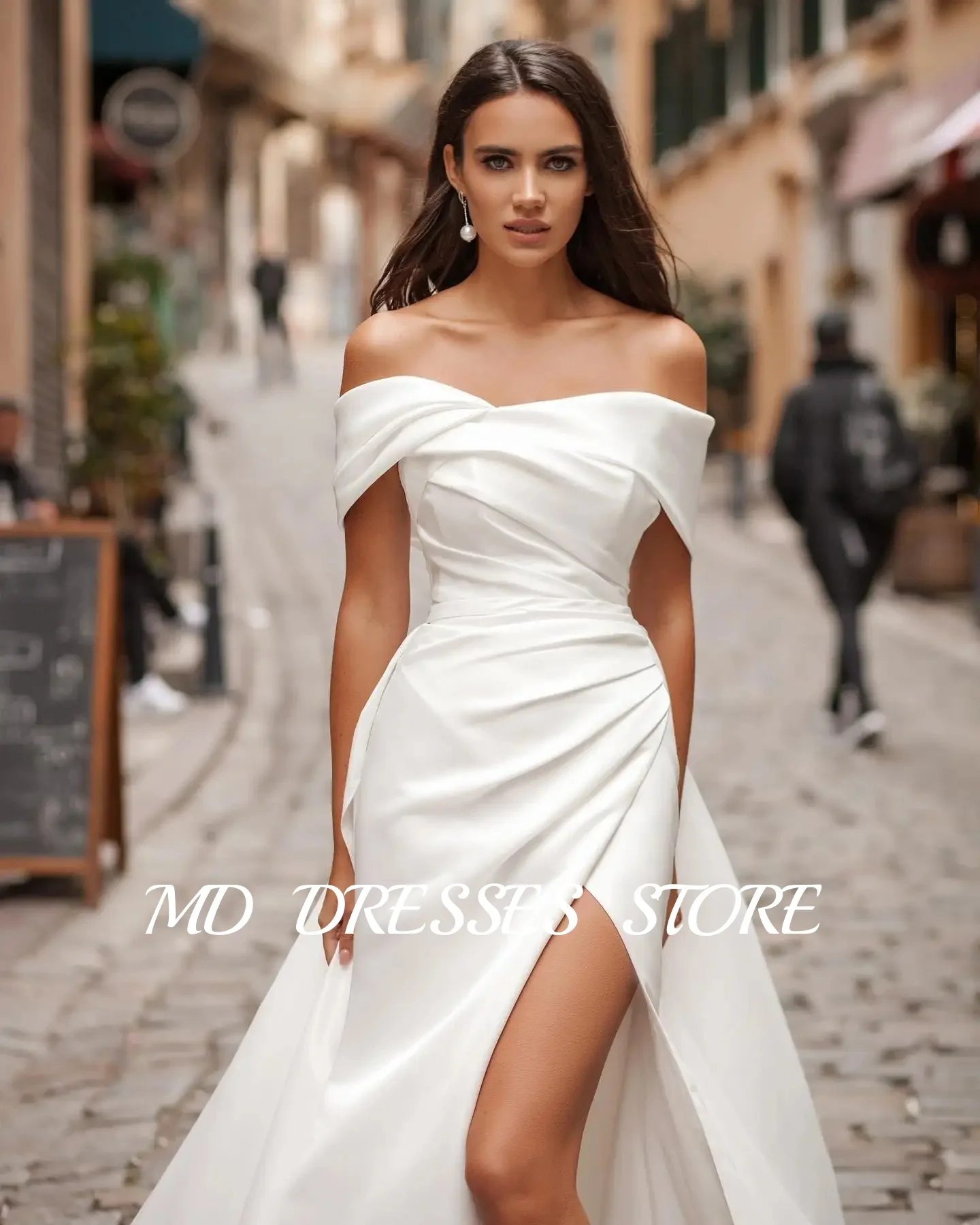 MD-vestidos de novia blancos simples con corte en A, hombros descubiertos, abertura lateral alta, vestidos de novia largos hasta el suelo, vestidos de fiesta personalizados