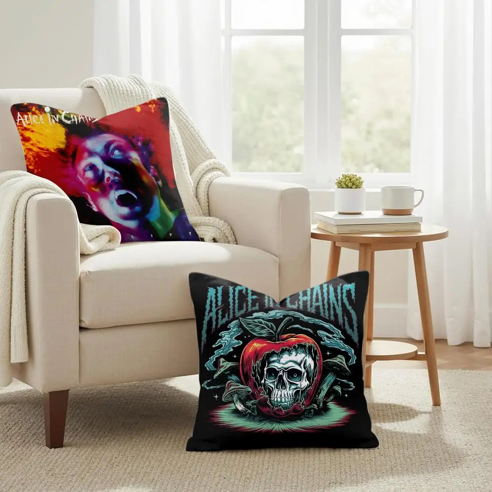 A-Alice in Chains Band Cushion Cover Natural Linen Organic Fabric Double-Sided Printing Sofa Home Decor Gift Pillow Case