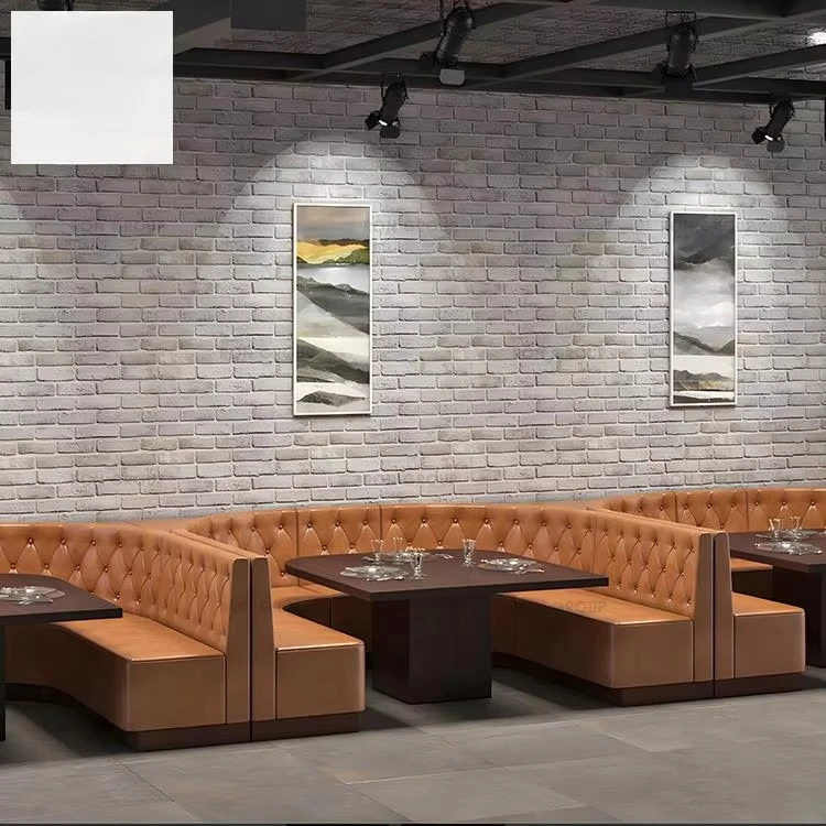 Light Luxury Cafe Commercial Brown U-Shaped Leather Wood Frame Sofa Seat Custom Restaurant Booth Set