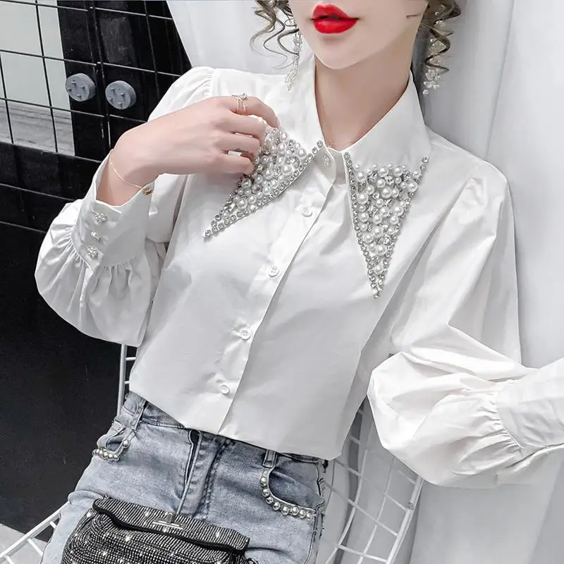 Women Embroidered Flares Beads Chic Luxury Design Elegant Blouses Fashion White Office Lady Business Casual Puff Sleeve Shirts