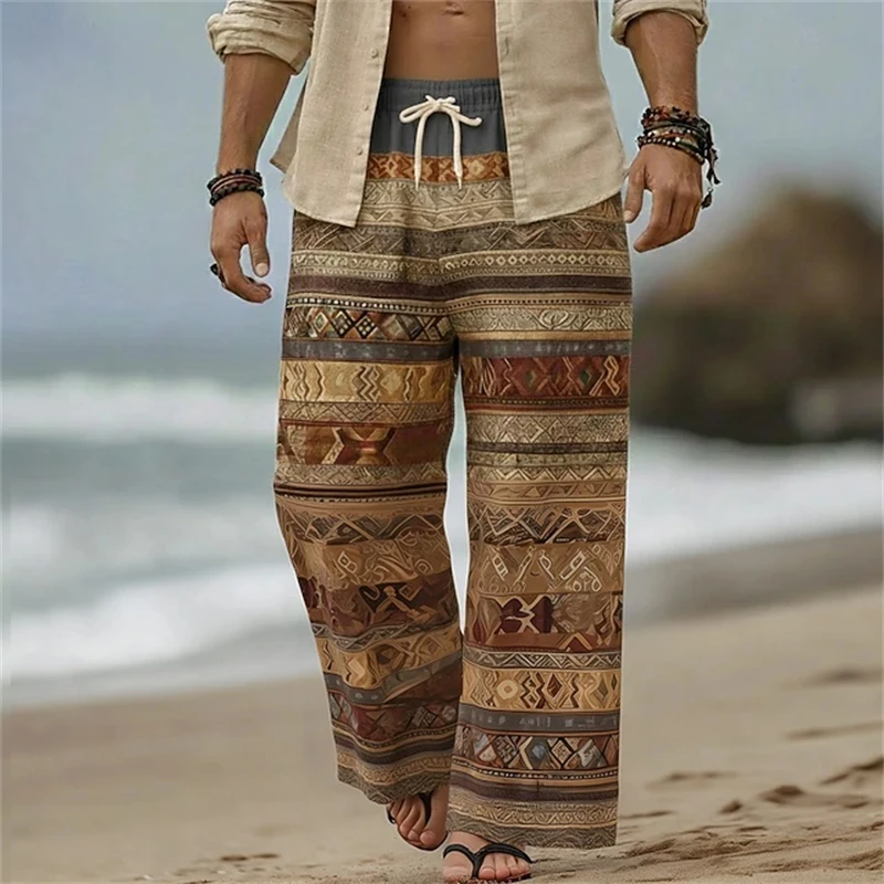 Men's Spring Fall Tribal Aztec-Print Drawstring Pants Bohemian-Style Wide-Leg Casual Pants Perfect for Vacation and The Beach