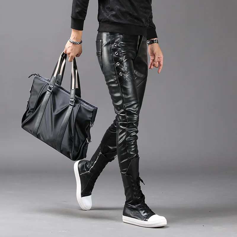 

Hot 2025 New Arrival Men's Korean Gothic Punk Fashion Faux Leather Pants PU Hip Hop Applique Black Leather Trousers Male 27-36