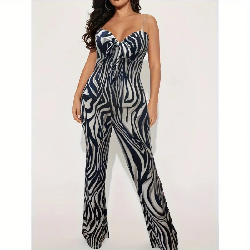 

Black and White Sexy Casual Street Animal Print Bandage Print Strapless Bootcut Jumpsuit