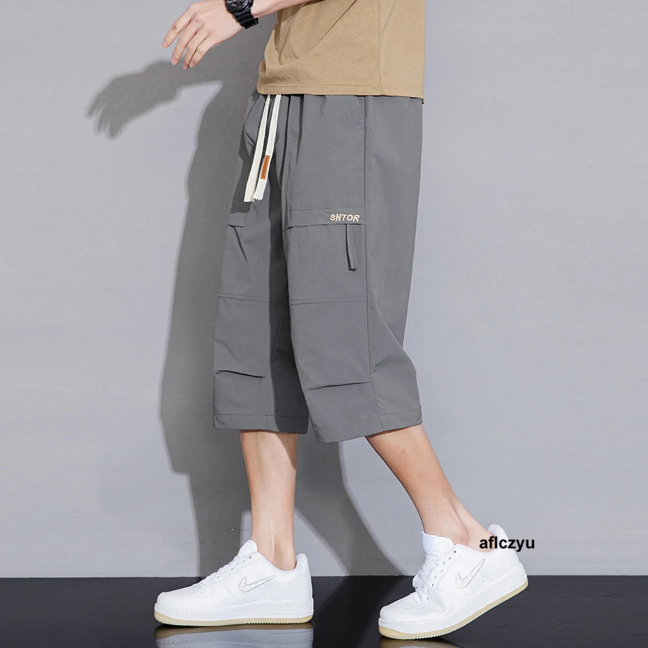 Calf-length Pants Men Solid Color Cargo Pants Fashion Casual Elastic Waist Straight Pants Male