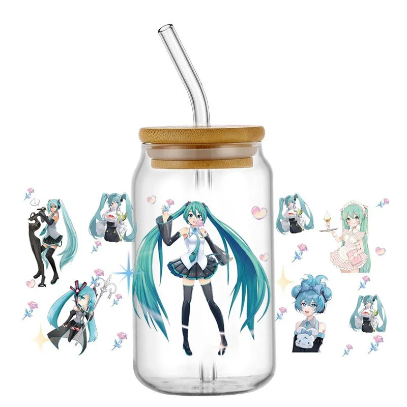 Miniso-pegatina de dibujos animados Mikuo 3D UV DTF, envolturas de transferencia DIY para taza de vidrio de 16oz, envoltura impermeable, pegatinas para taza de café