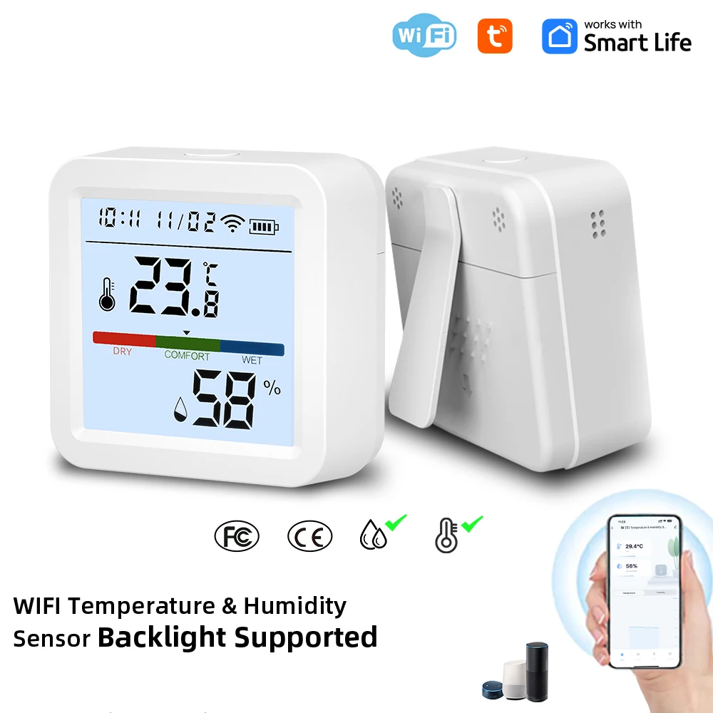 WiFi Thermometer and Hygrometer with LCD Backlight and Detachable Stand, Digital Temperature Sensor, TY App, Home App