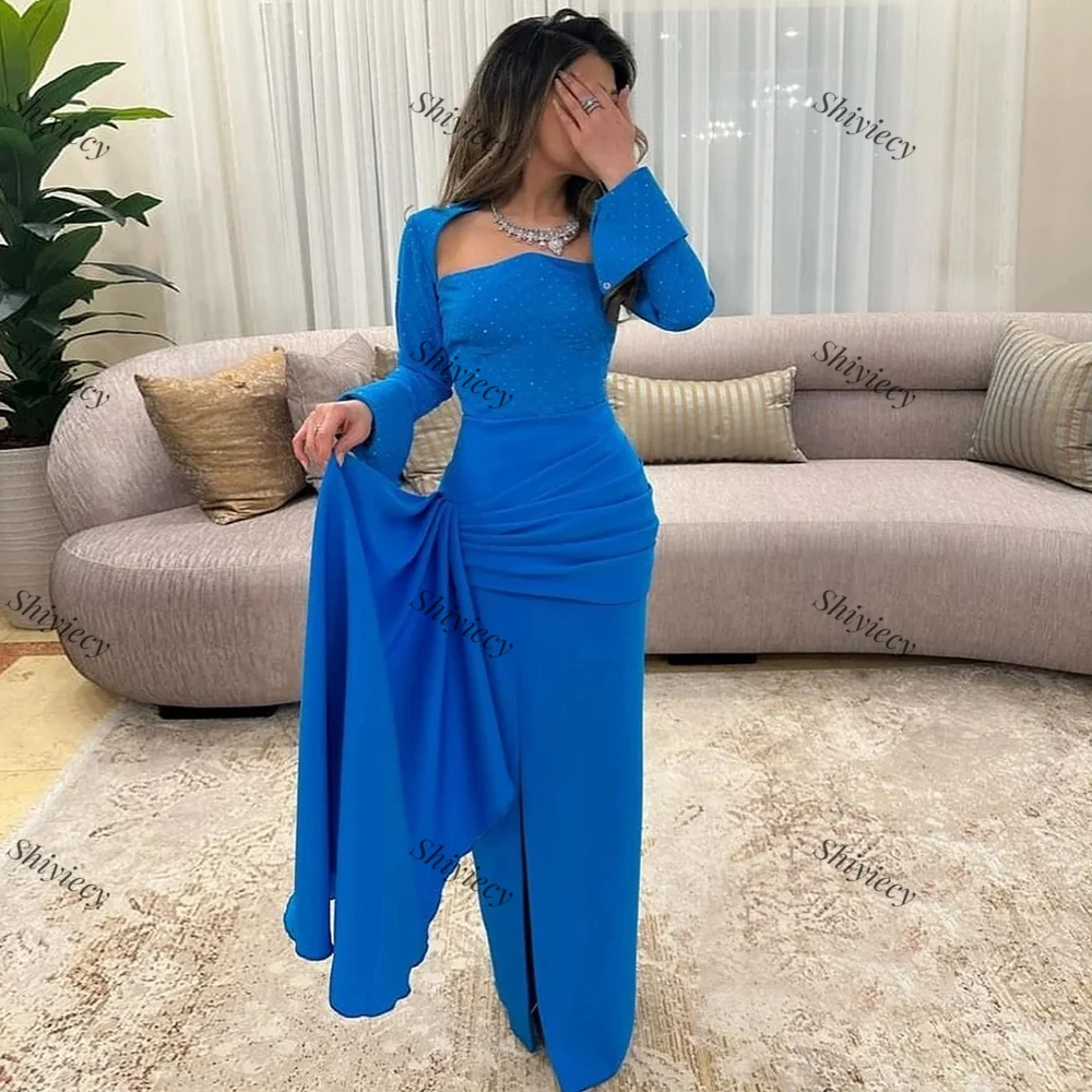 

Shiyiecy Jersey Evening Dress Woman Strapless Long Sleeeve Straight Slit Prom Dress with Pleat Formal Evening Party Floor Length