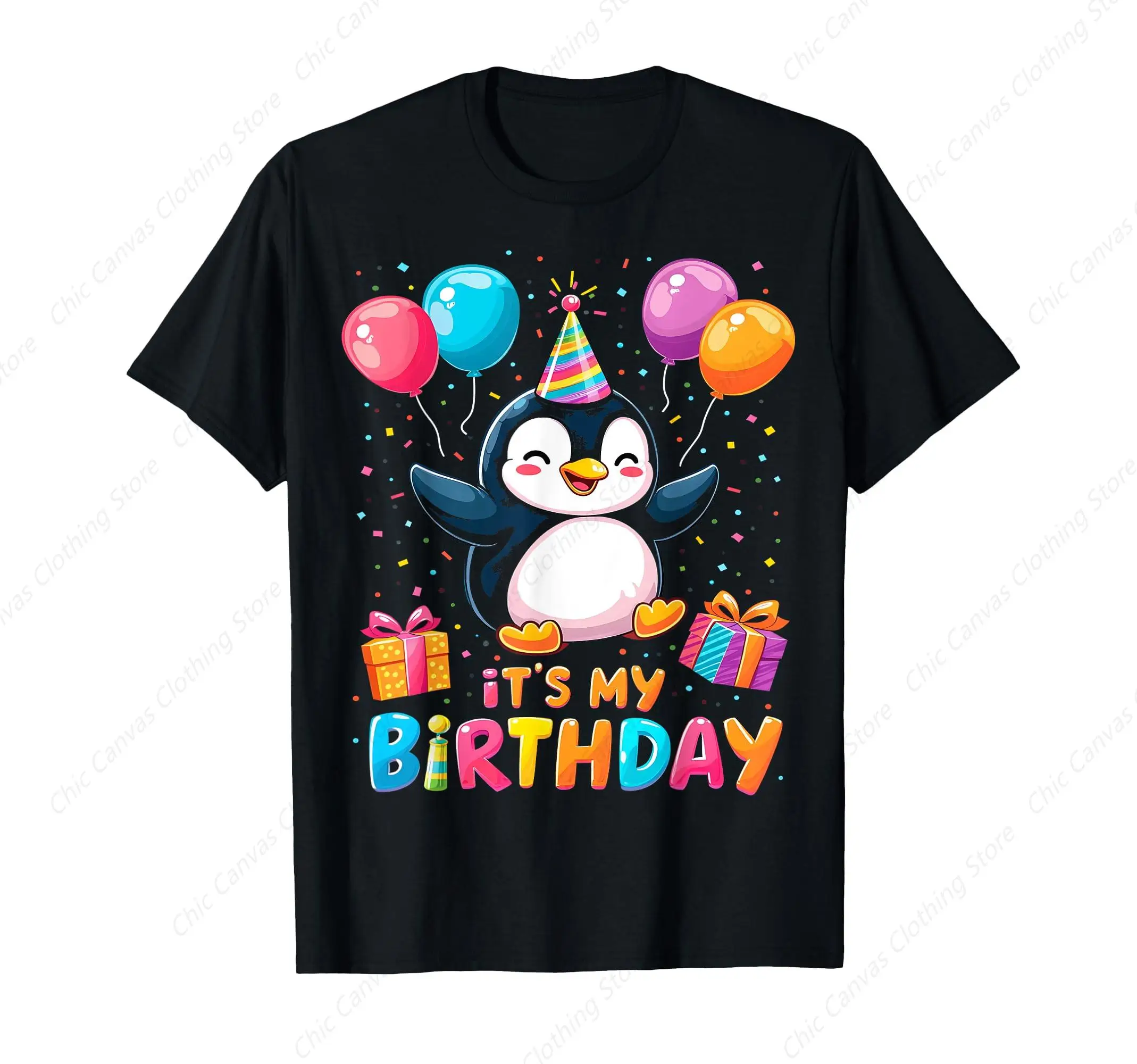 

Penguin Birthday Party T-shirt Fun Printed Cotton Breathable Casual Men's and Women's Short Sleeves Gift