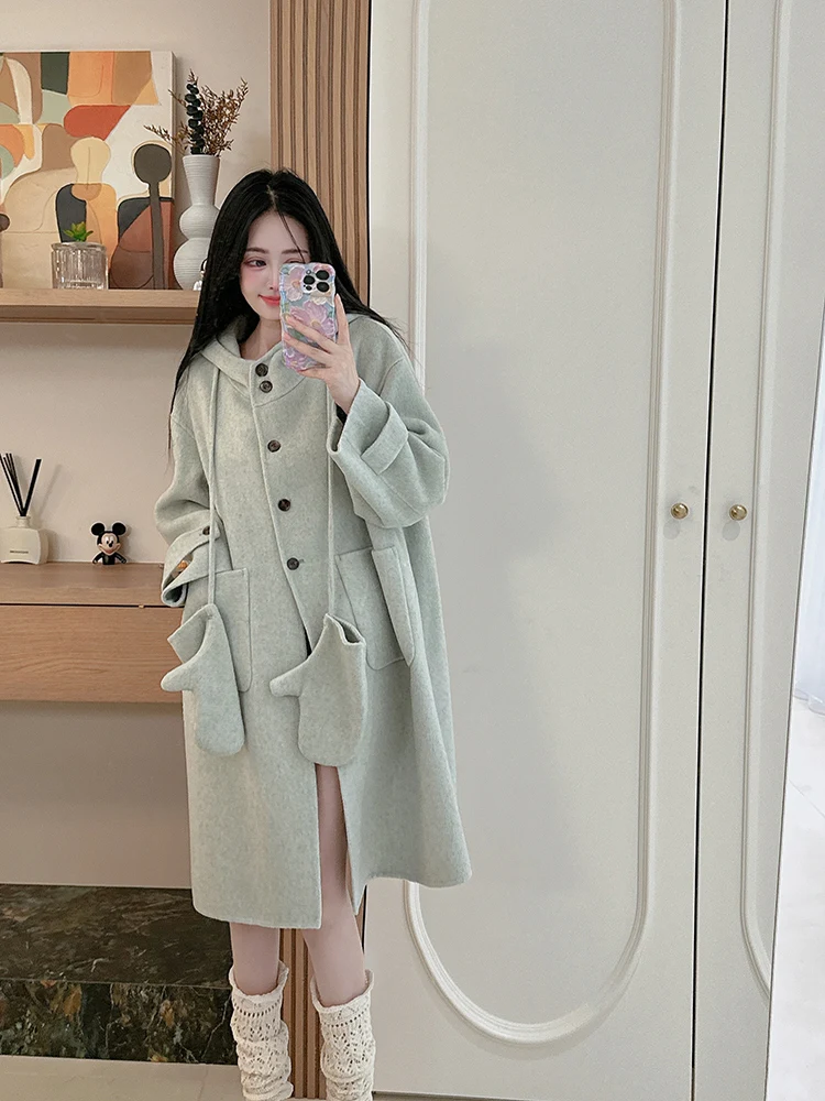 

Korean Sle Double-Faced Camere Coat Women's Mid-Length Lazy Loose Fit Small Size Woolen Outerwear Hooded Long Sve