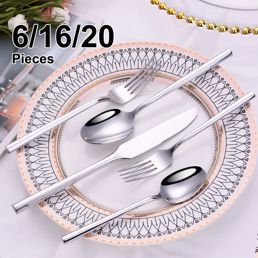 6/16/20Pcs Stainless Steel 304 Cutlery Set Mirror Sliver Tableware Western Hexagonal Handle Dinner Set Matte Knife Fork Spoon