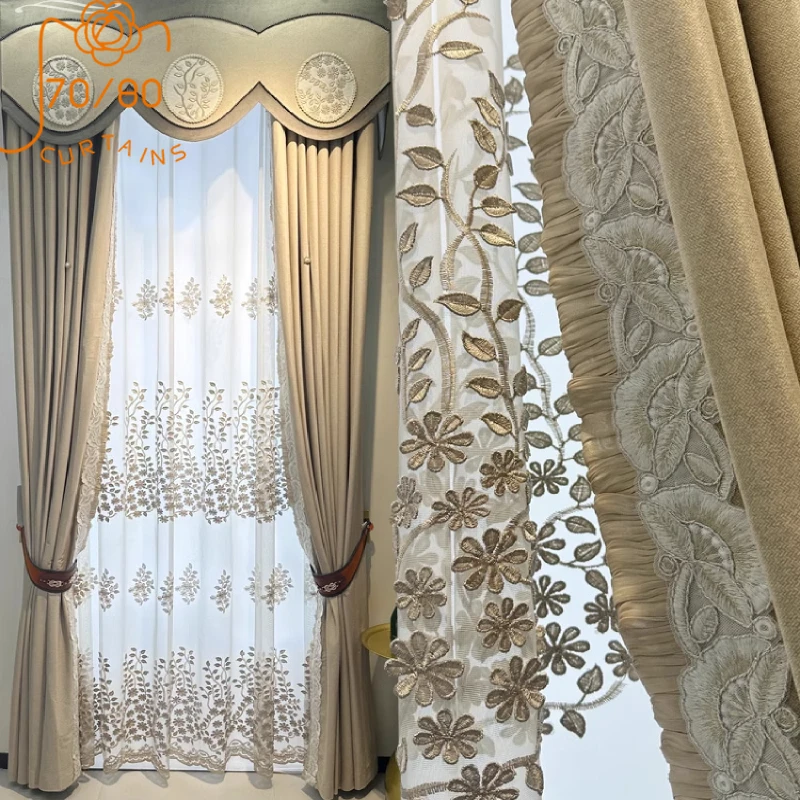 French Embroidered Window Screen Cream Relief Velvet Jacquard Thickened Curtains for Living Room Bedroom French Window