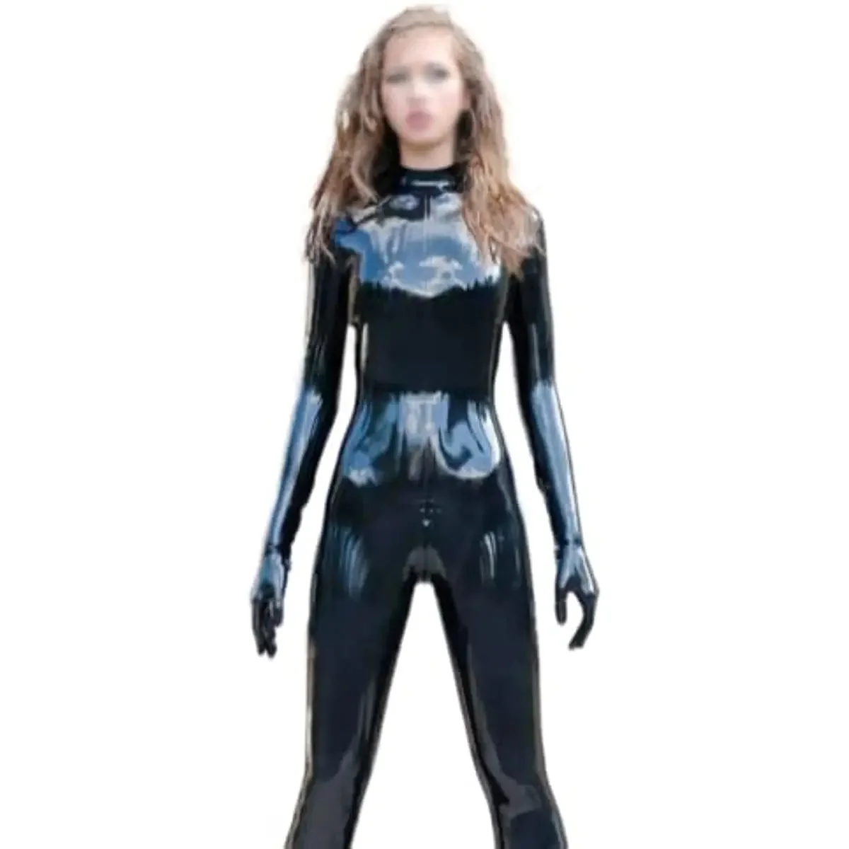 Latex Full Body Tights Rubber Catsuit Bodysuit Leotard Full Catsuit Attached Gloves and Socks with Back Crotch Zip