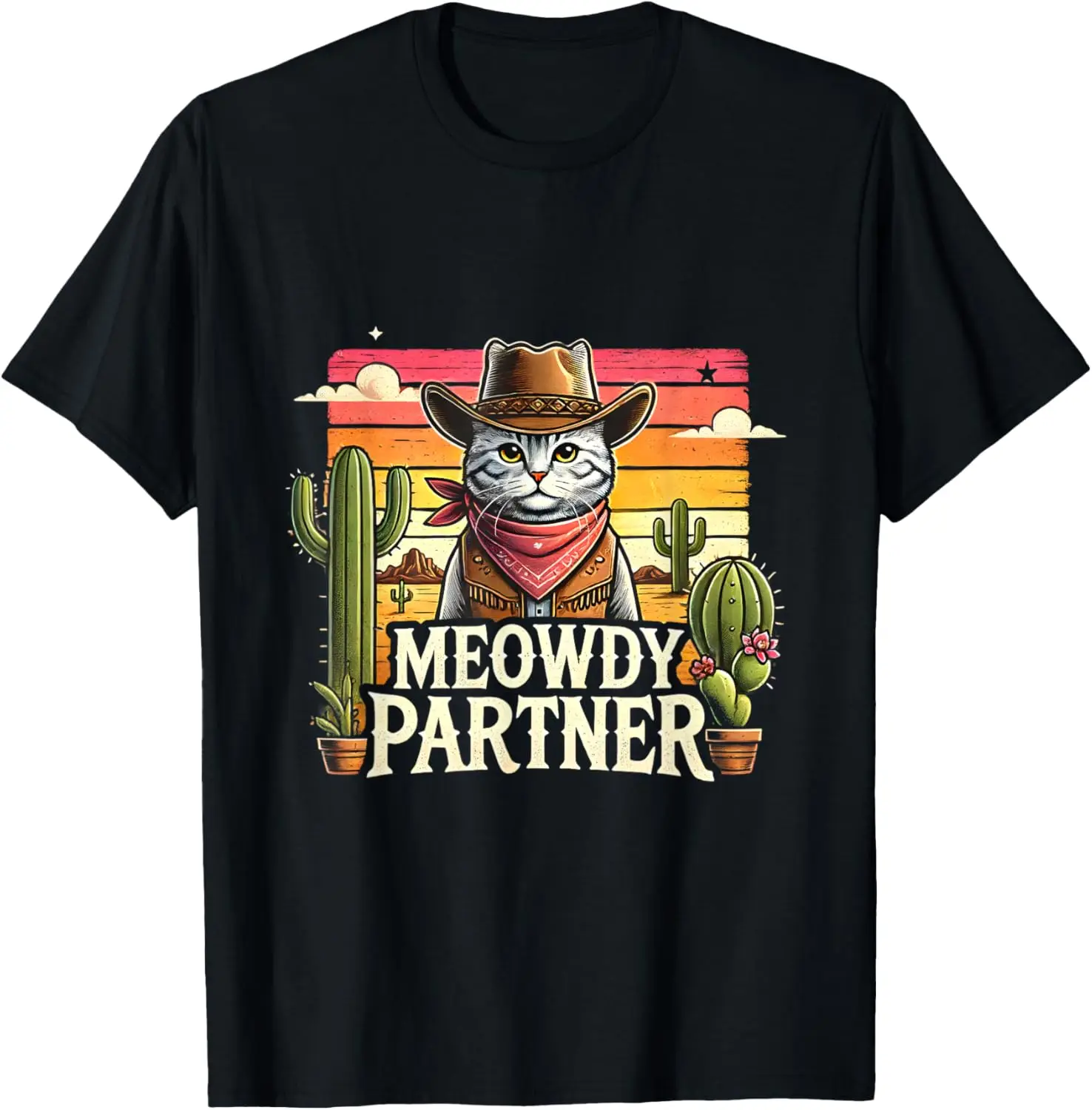 Meowdy Partner Cat Vintage Howdy Meme Wild West Cowboy Hat T-Shirt