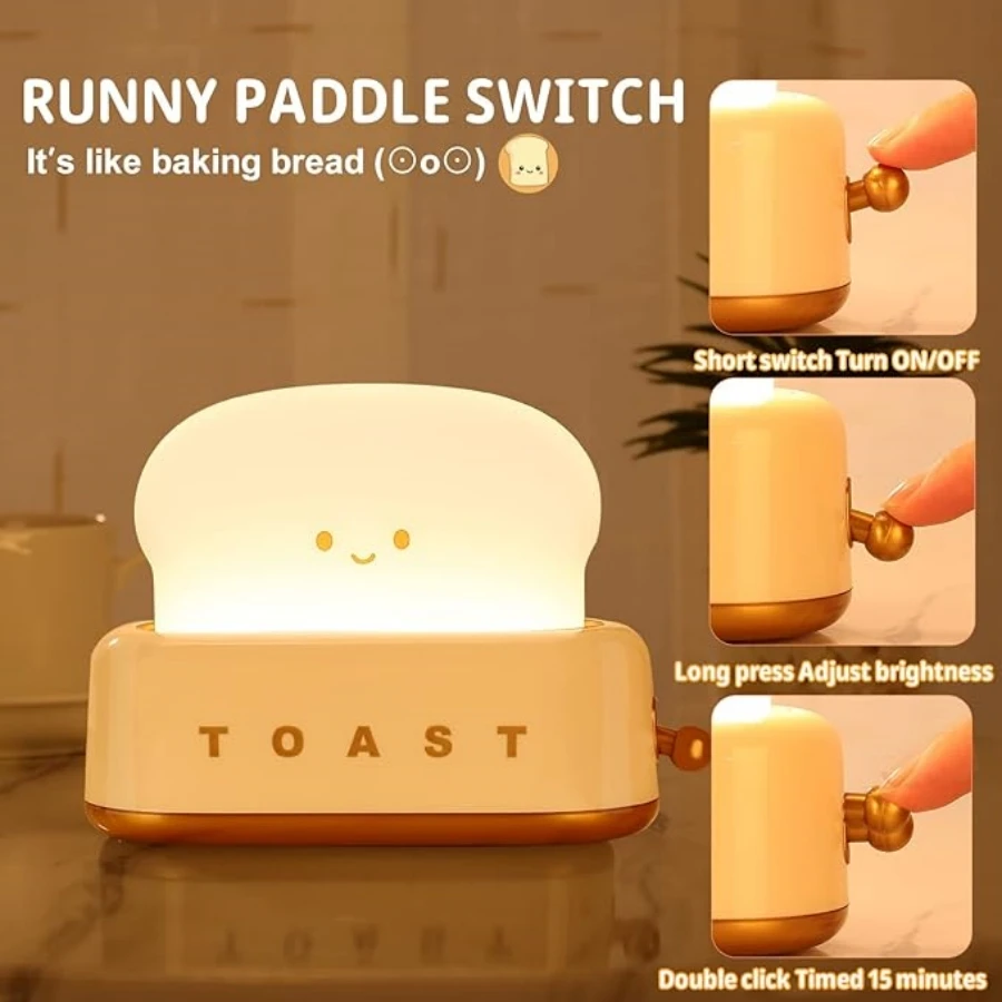 Toaster Night Light Lamp Rechargeable Small Lamps with Smile Face Cute Bread Shape for Bedroom