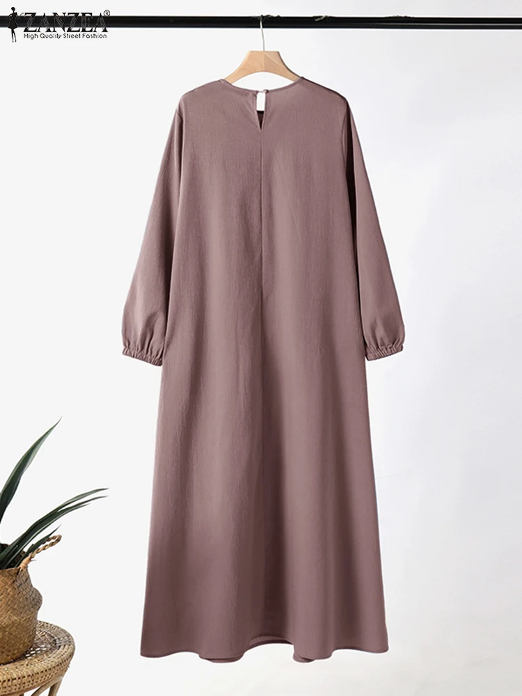 ZANZEA Fashion Muslim Abaya Hijab Dress Women Elegant Long Sleeve Solid Pleated Sundress Robe Femme Casual Loose Dubai Vestidos