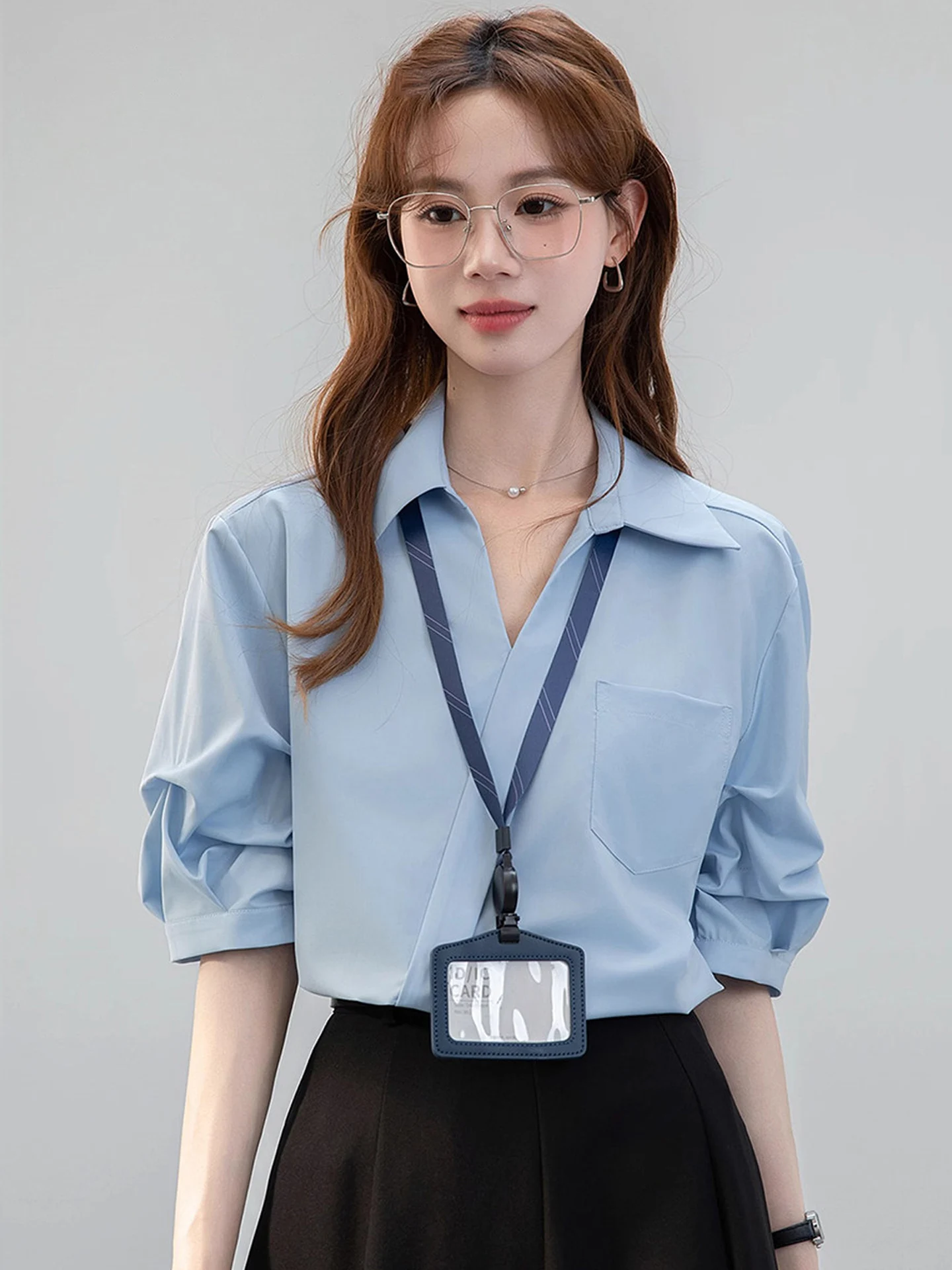 

Синяя женская блузка с V-образным вырезом и длинным рукавом для офиса, собеседований, профессионального и формального стиля, весна-лето, новинка