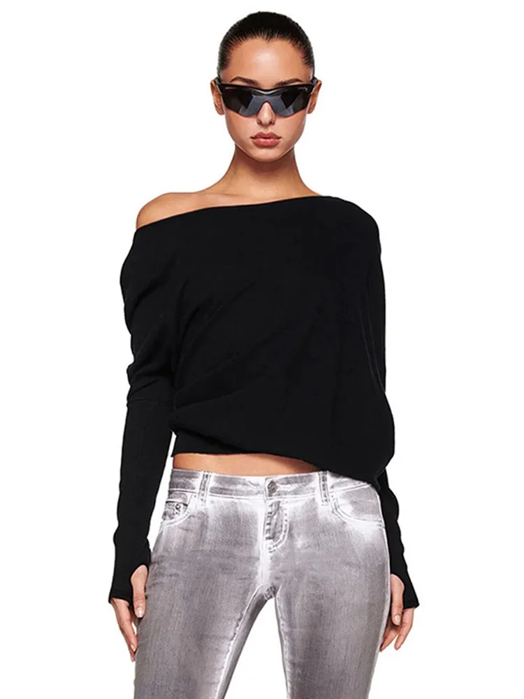 Asymmetric slanted shoulder one line off shoulder long sleeved T-shirt for women, with a lazy and spicy vibe, top for hot girls