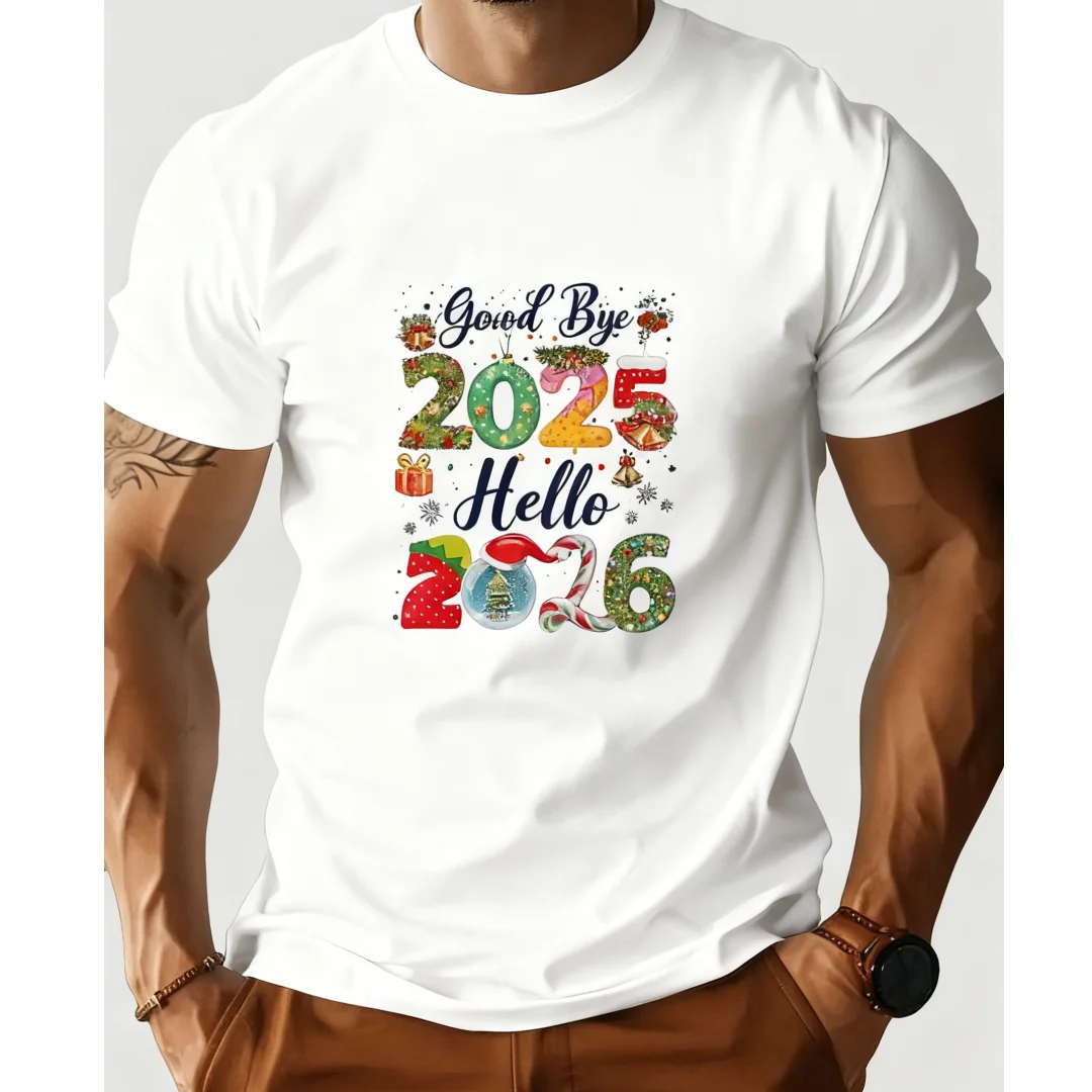 

Happy New Year Short Sleeve T-shirt Funny Good Bye 2025 Hello 2026 Christmas Style Printed Tee Tops Summer Daily Casual Clothing
