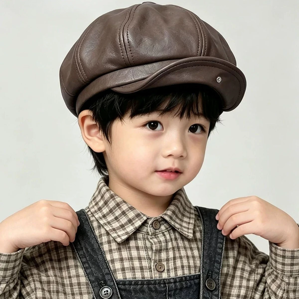 Kinder PU-Leder Baskenmütze im Retro-Wasteland-Stil, achteckige Newsboy-Mütze mit Schnallenkrempe, Straßenmütze für Jungen und Mädchen für alle Jahreszeiten – Detail 2