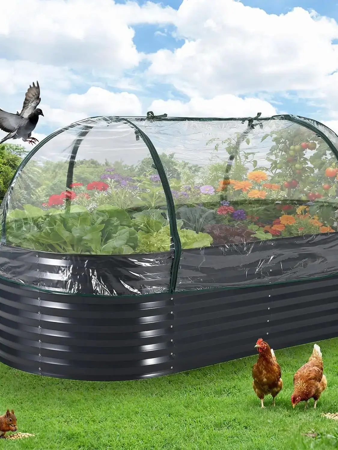 Lit de jardin surélevé ovale galvanisé avec couvercle, portes à écran zippé, Base ouverte, boîte de jardinière en acier épais pour la culture de légumes