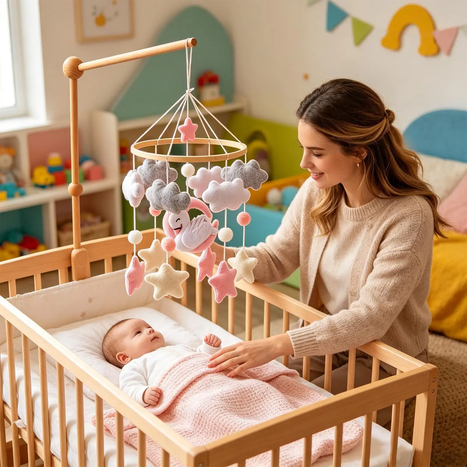 Crib Mobile For Boys Felt Soft Sensory Boho Rotating Kids Crib Toys Mobile For Bassinet For Home Bedroom Living Room Sleeping