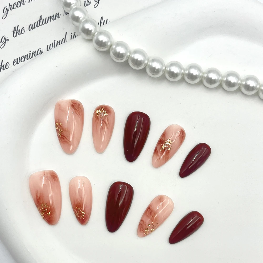 

10Pcs Caramel Colored Amber Gold Foil Handmade Short Fake Nails Press On Nails Full Cover Design Manicure Wearable Nail Tips Art