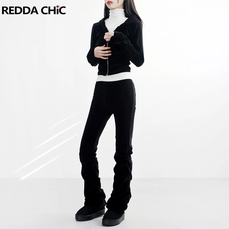 

REDDACHiC High Waist Ruched Women Flare Jeans Casual Solid Black Stretch Slim Shirred Stacked Boot Cut Pants Vintage Y2k Clothes