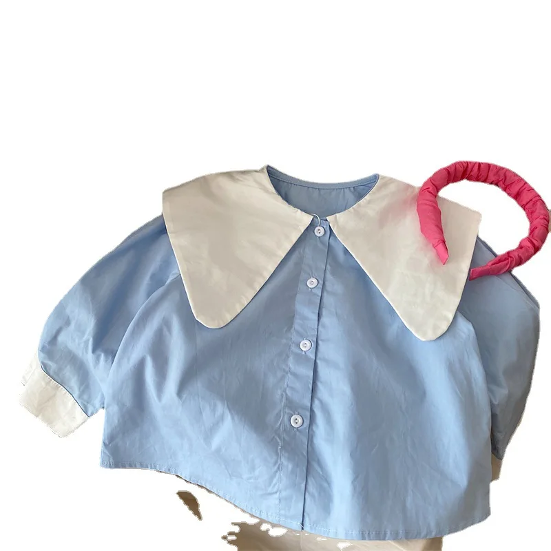 Shirt Top Cute Sweet Spring Autumn New Korean Girl Contrast Color Lapel College Long Sleeve Leisure Active