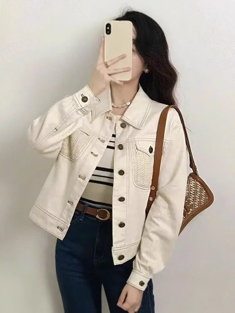 White denim long sleeved jacket women in spring and autumn sense of luxury beautiful short versatile trendy top