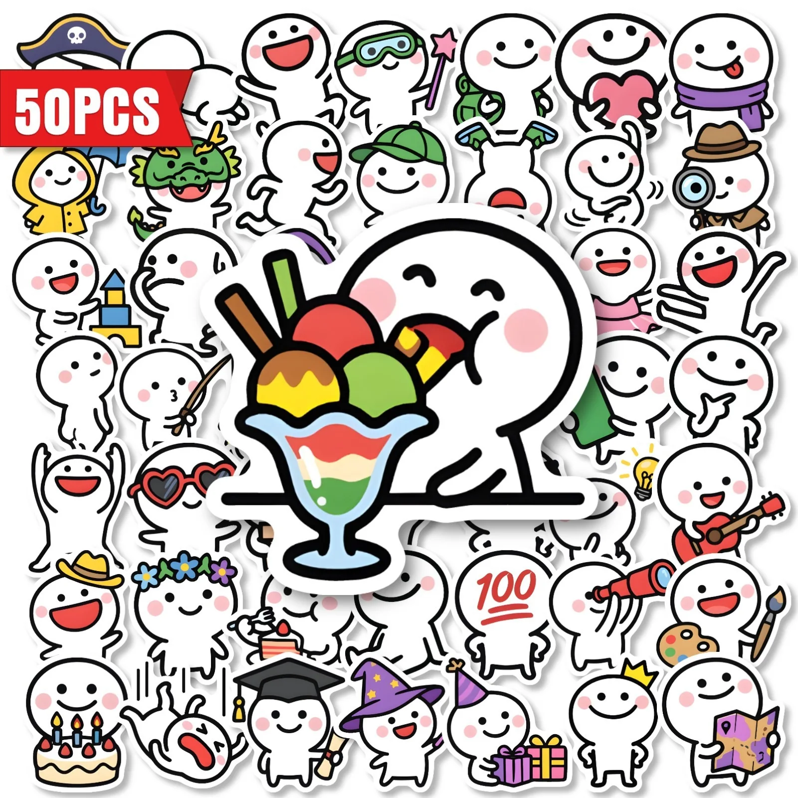 50pcs/bag New Cross-border Simple Soft And Cute Doodle Stickers Of Doudou People Notebook Water Cup And Skateboard Sticker
