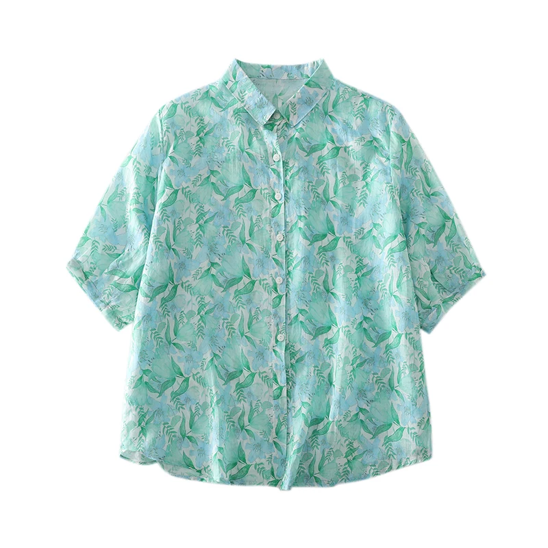 قميص فني من الكتان جديد بتصميم فضفاض وأكمام قصيرة مع ياقة مطبوعة وأزرار أمامية للنساء قطعة علوية مستقيمة رقيقة للصيف