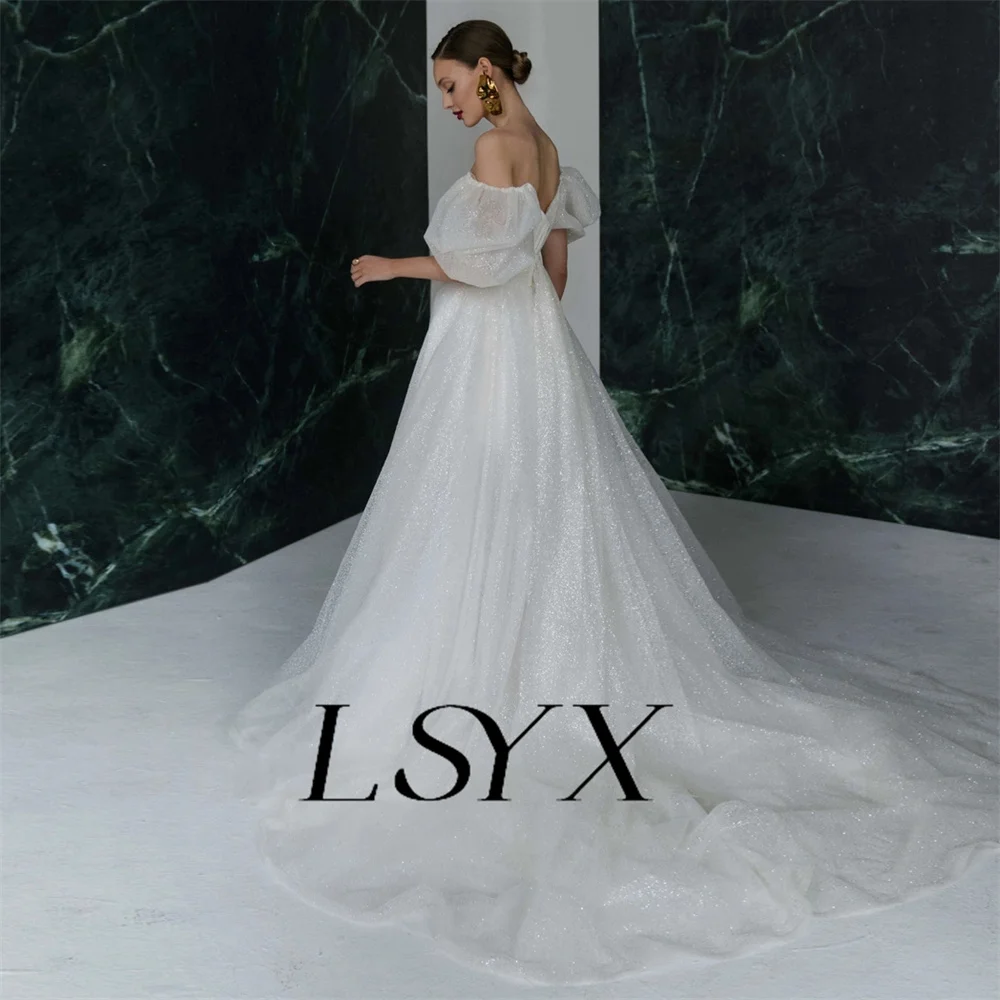 LSYX Off-Shoulder Puff Sleeves V-Neck A-Line Shiny Tulle Wedding Dress For Women 2023 Pleat Zipper Back court Train Bridal Gown