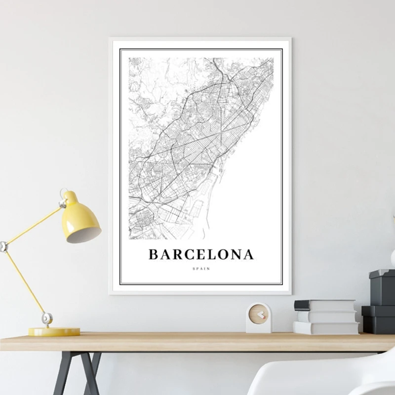 Mapa de Barcelona impreso, España, mapa de calles de la ciudad, póster, pintura moderna en lienzo, imagen en blanco y negro, decoración artística para pared de oficina