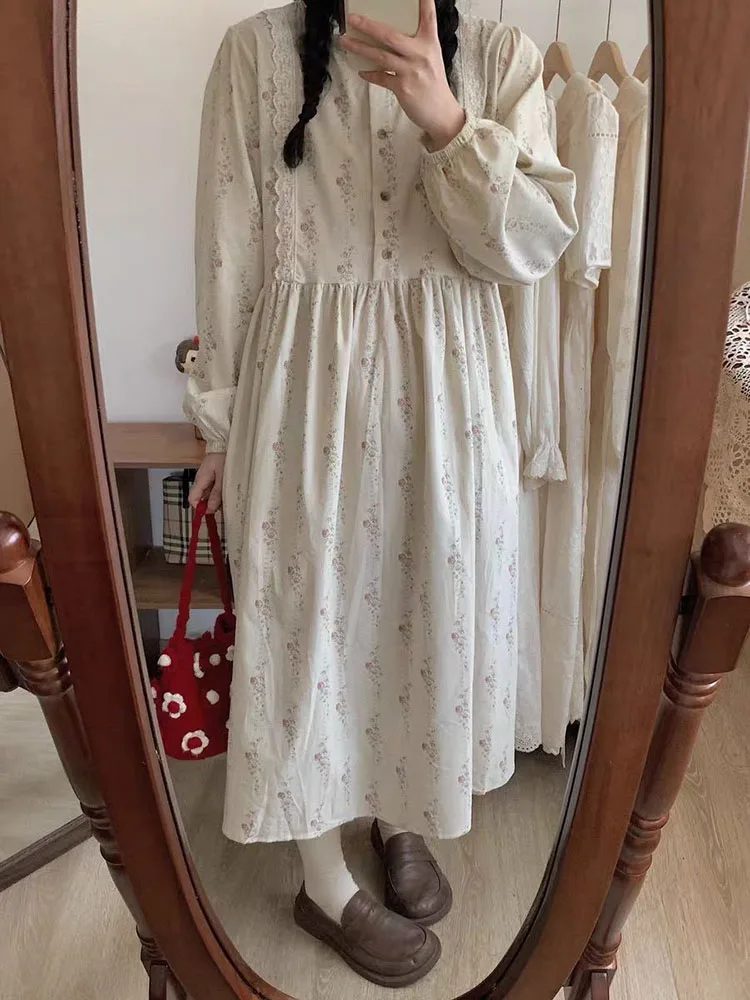 Corduroy Floral Dresses Women Autumn New Sweet O Neck Lace Patchwork Loose Long Sleeve Midi Dresses Fashion Female Long Vestidos