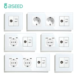 BSEED Sockets TV CAT6 Power Socket EU Standard TV Internet RJ45 PC Connections USB C Electric Wall Sockets Glass Frame