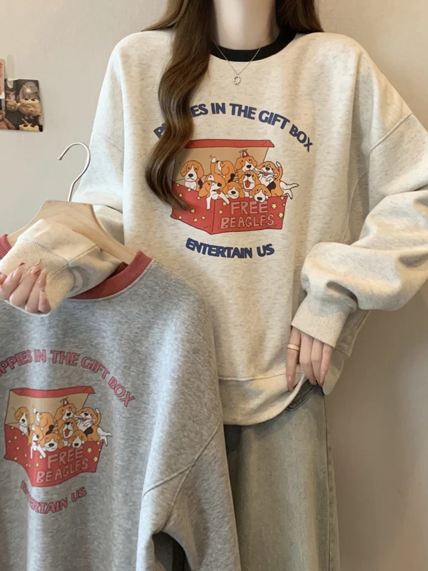 

Свободный свитшот с круглым вырезом для женщин, верхняя одежда с принтом в стиле ретро-мультфильмов с собаками, осенне-зимний свитер с цветовыми блоками для многослойных образов