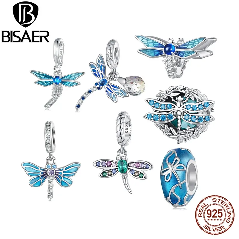 BISAER 100% 925 Sterling Dragonfly Charm Bead Enamel process Animal Pendant Plated Platinum Fit Women DIY Bracelet Fine Jewelry