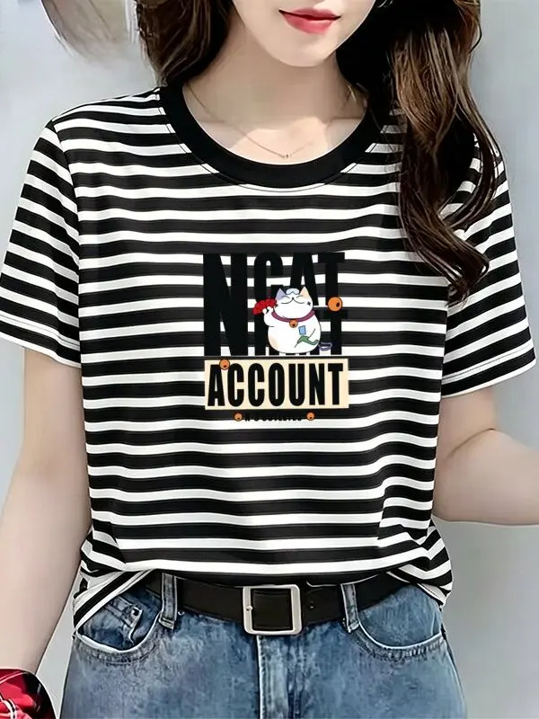 New plus Size Casual Striped Short Sleeve T-Shirt round Neck Loose Fit Summer Top for Mom Women's Fashion Breathable Cotton B...