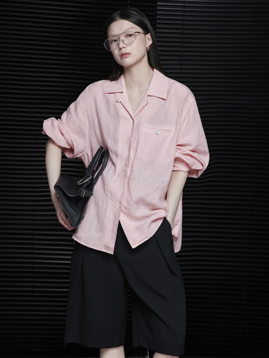 

Ele Pink Long Sve Cotton Linen irt Women's Summer 2024 New Sle Street Faion Loose Fit ket Design Button up